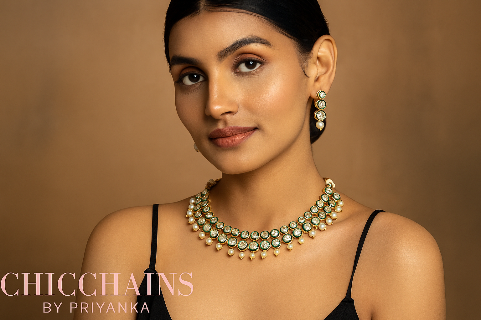 Woman wearing a green necklace and earrings with 'Chicchains by Priyanka' branding on a brown background