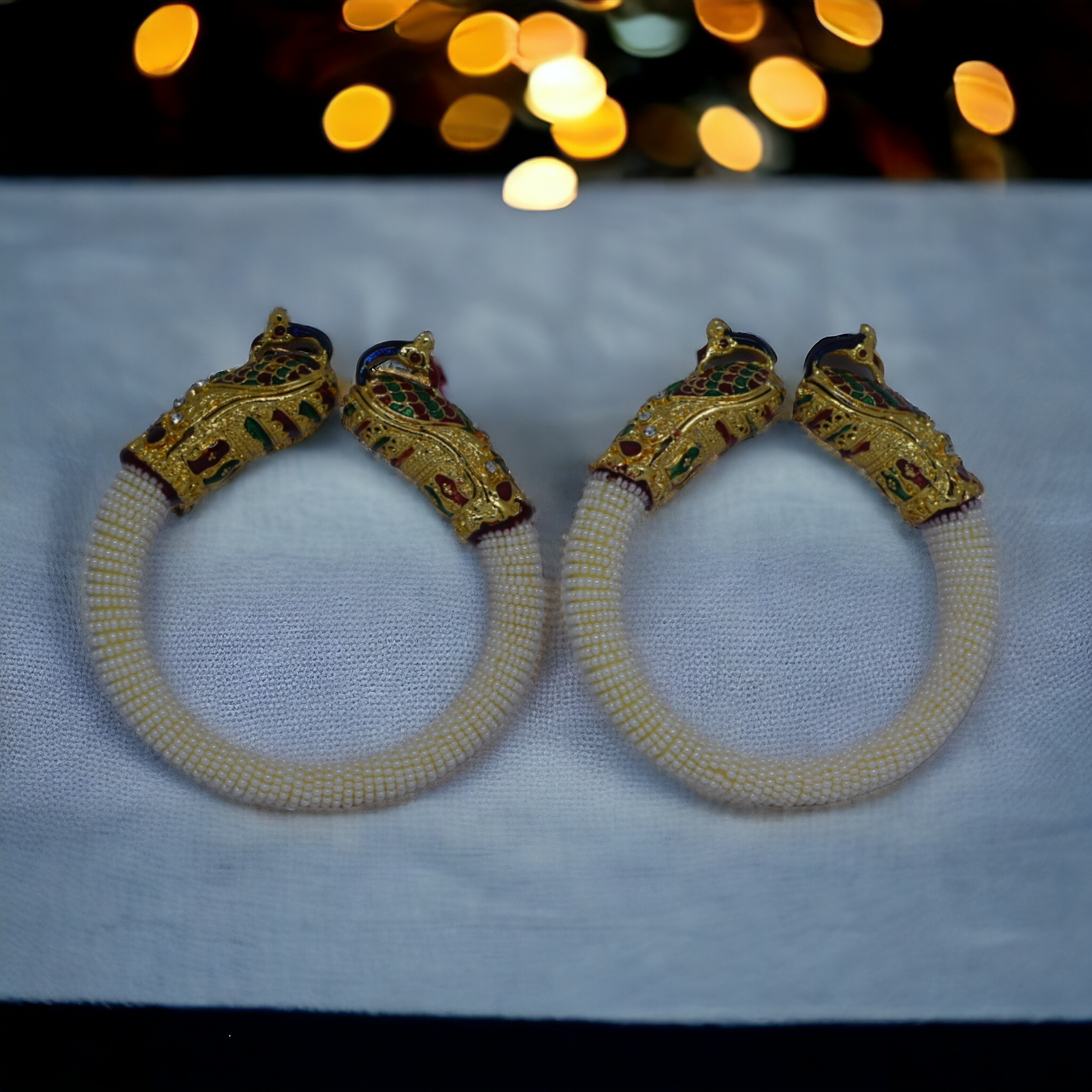 Moti Beaded Brass Peacock Bangles