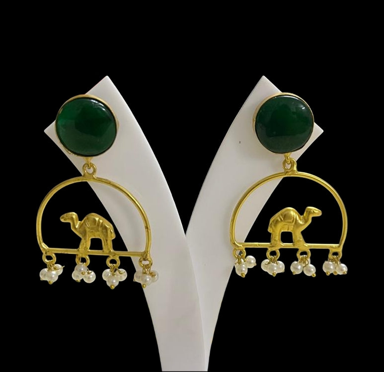 Gold and green earrings with camel design 