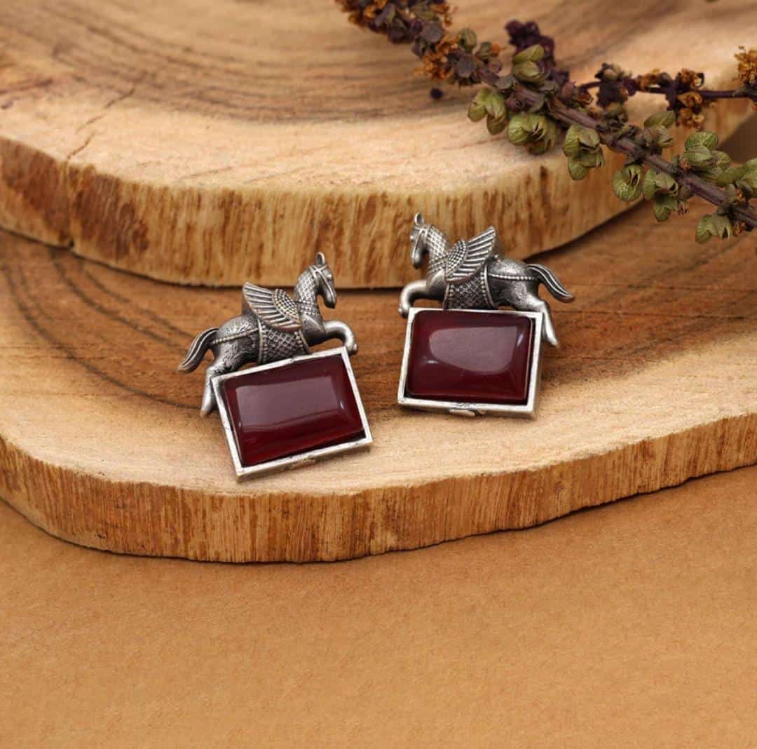 Oxidized  Monalisa Stone Horse Earrings