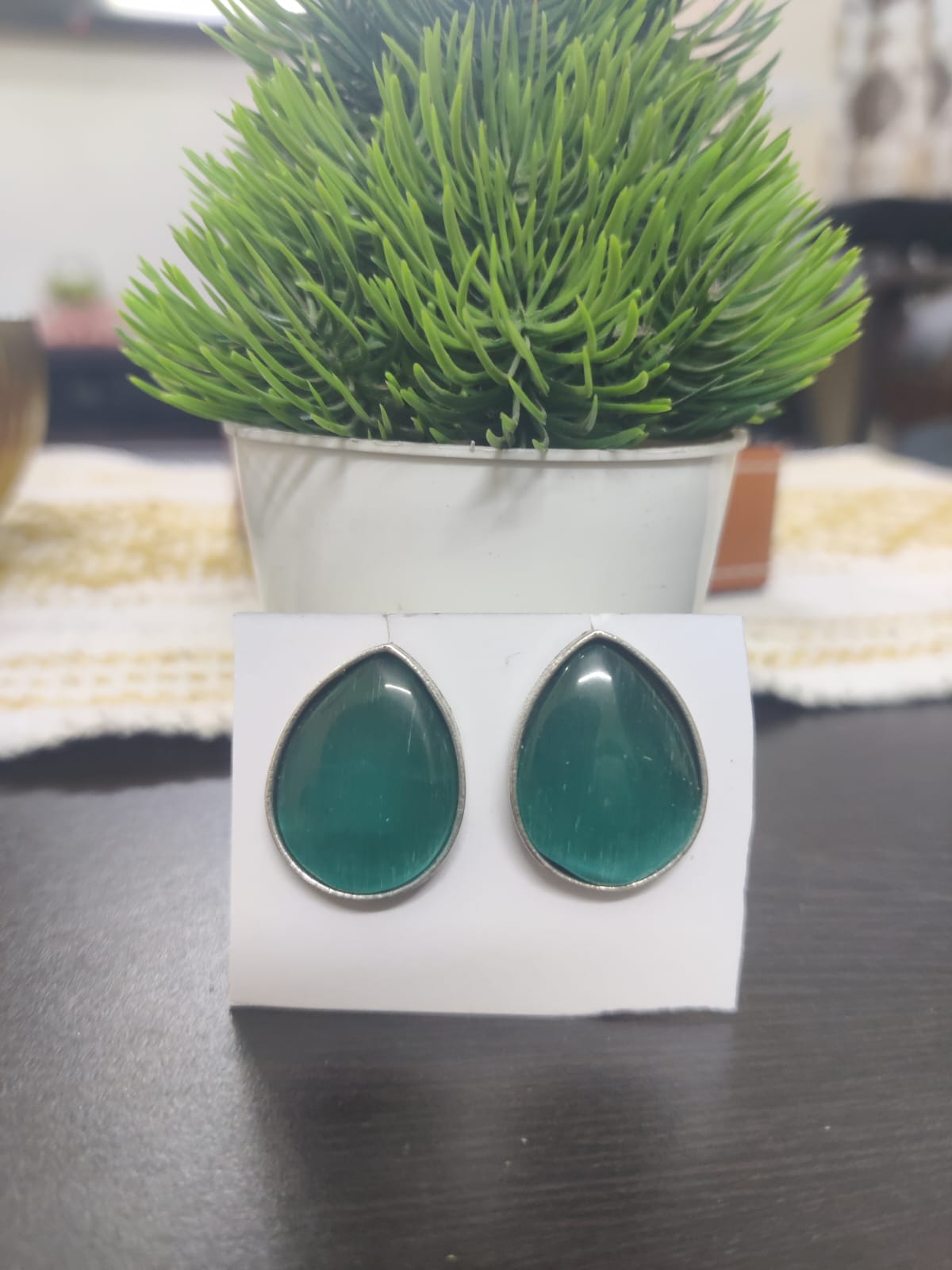 Oxidized Drop Shape Monalisa Stone Earrings