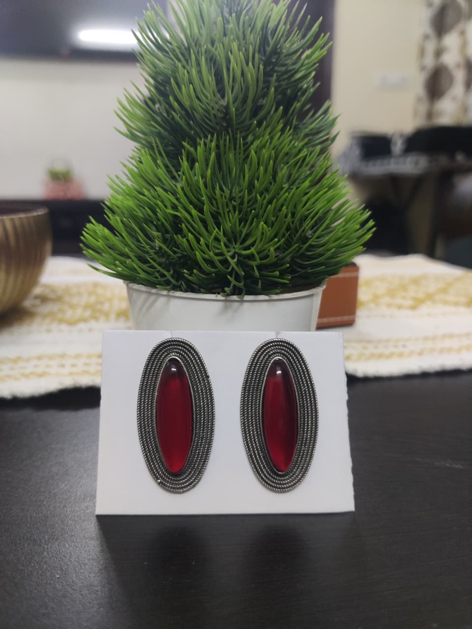 Oxidized Oval shape with Monalisa Stone Earrings