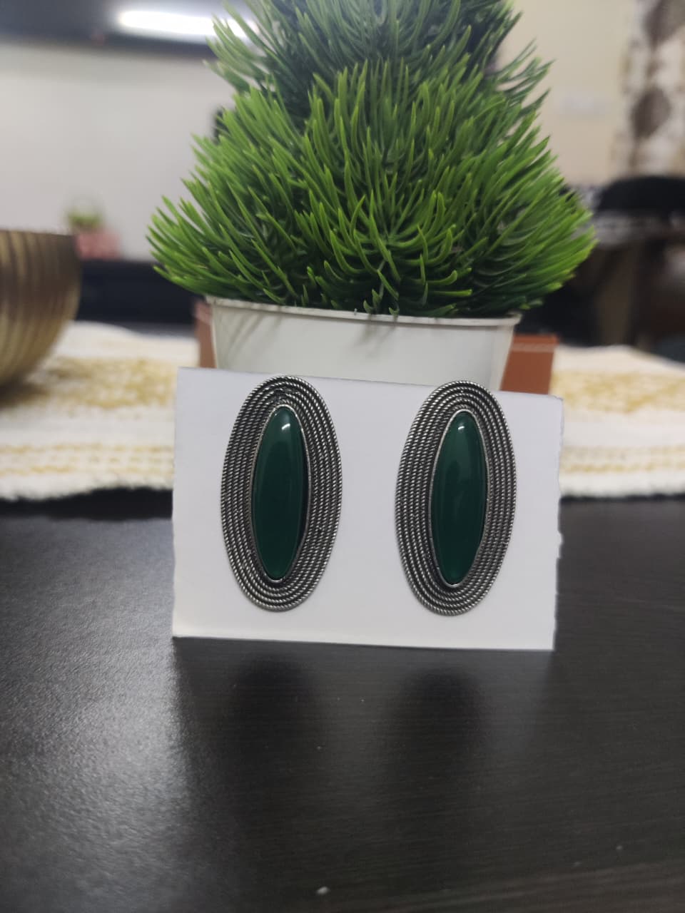 Oxidized Oval shape with Monalisa Stone Earrings