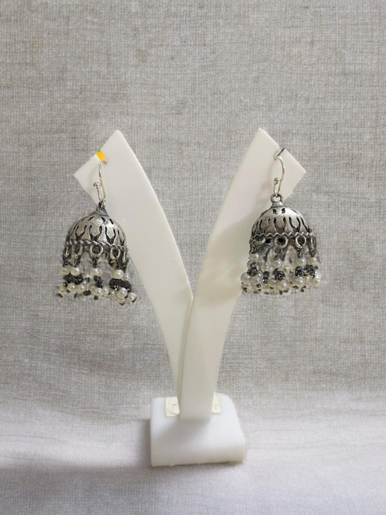 Silver replica Jhumka with Moti beads