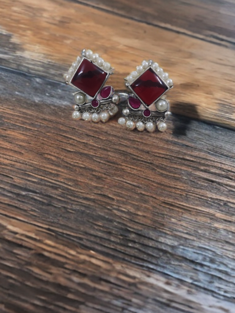 Oxidised with Moti beads earrings