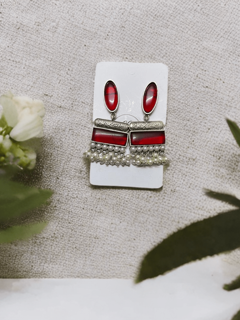 Silver Relica rectangle stone with moti beads earrings